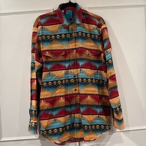 Roper Southwestern Tan Multicolored Print Button Down Cotton Shirt Size XL